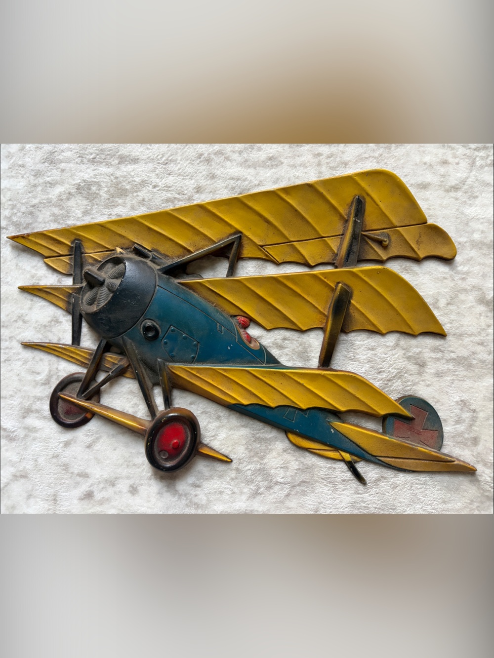 Vintage cast Metal WWI Airplane Wall Art - Blue & Mustard Yellow